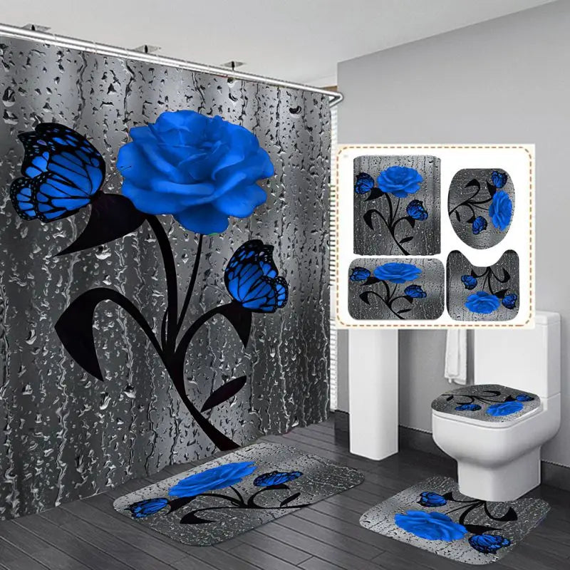 4pcs Set Doormat Shower Curtain with Non-Slip Rugs Toilet Seat Cover Bath Carpet Durable Waterproof