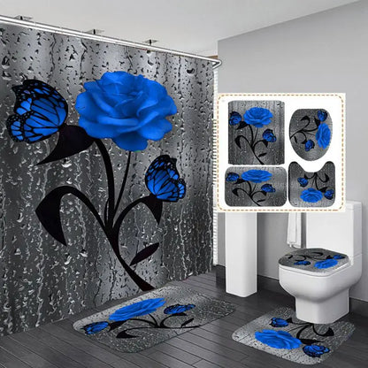 4pcs Set Doormat Shower Curtain with Non-Slip Rugs Toilet Seat Cover Bath Carpet Durable Waterproof
