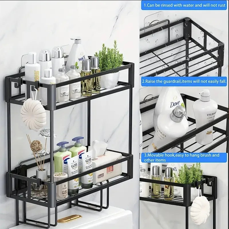2-Tier Over Toilet Storage Shelf - Wall Mounted with Hooks  Paper Holder, Bathroom Space Saver Organizer for Home,Black