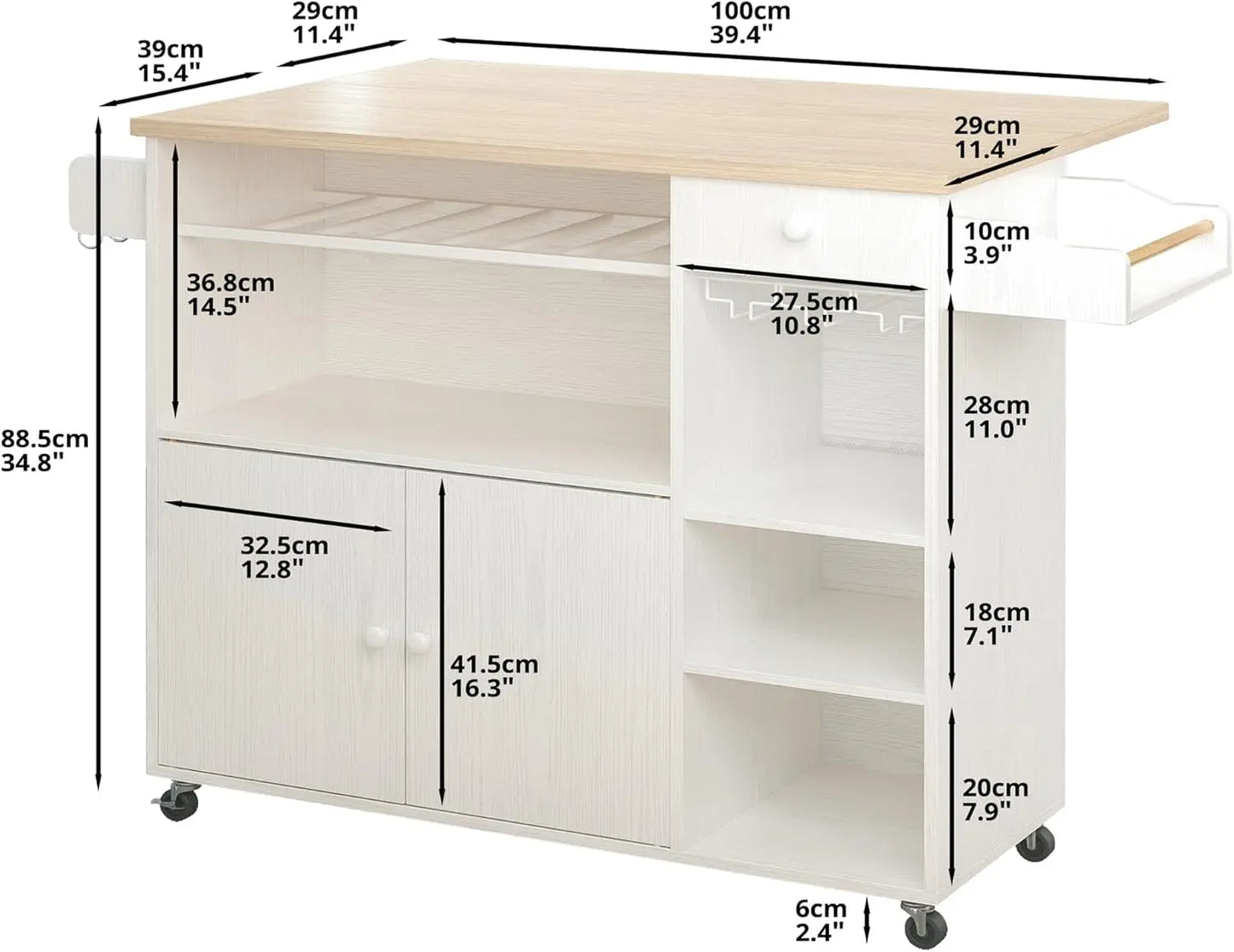 Rolling Kitchen Island Cart with Drop-Leaf & Wine Rack Drawer Shelves & Spice Rack, Microwave Rack Serving Cart on Wheels