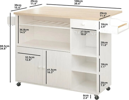 Rolling Kitchen Island Cart with Drop-Leaf & Wine Rack Drawer Shelves & Spice Rack, Microwave Rack Serving Cart on Wheels