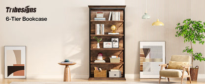 6-Tier Bookcase, 71 Inches Industrial Bookshelves and Bookcases, Floor Standing 5 Shelf Display Storage Shelves