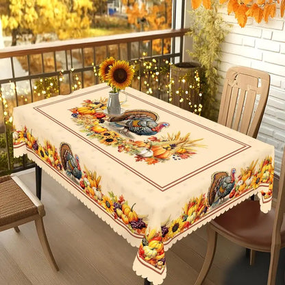 Fall Thanksgiving tablecloth with turkey, pumpkin and sunflower pattern, rectangular and round autumn harvest tablecloths