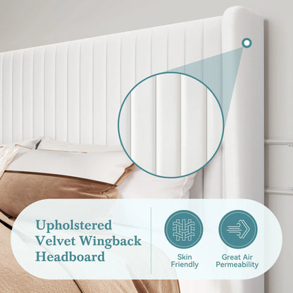 Velvet Upholstered Bed Frame, Vertical Channel Tufted Wingback Headboard, Wooden Slats