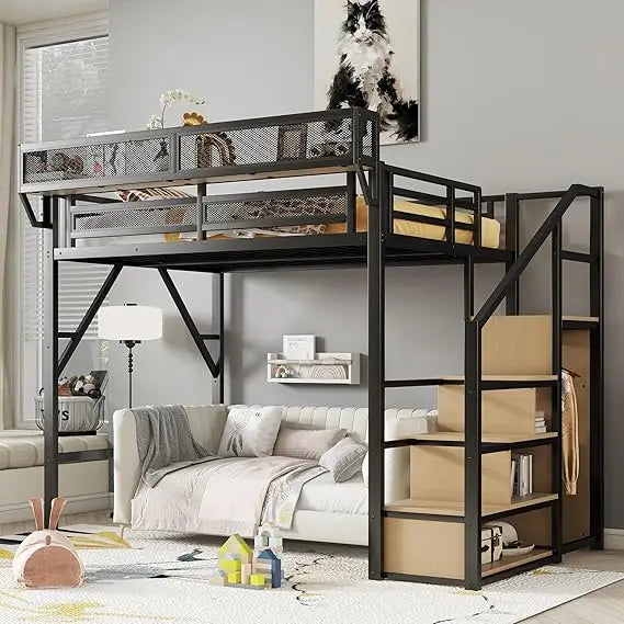 Full Size Loft Bed with Stairs and Storage, Metal Loft Bed Frame with Bedside Shelf and Large Under-Bed Space