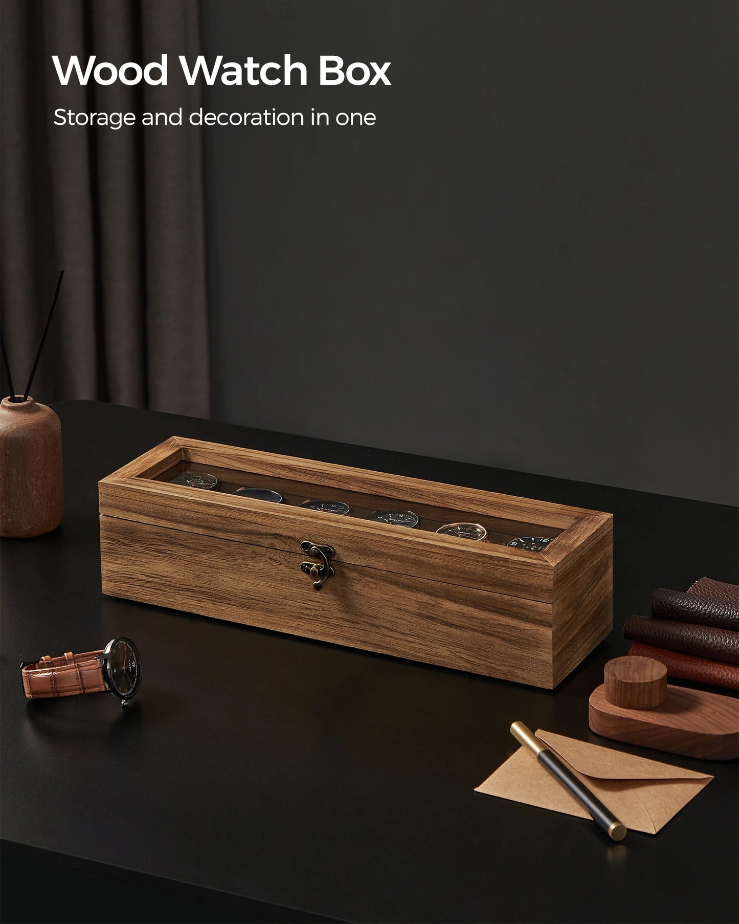 Watch Box, 6-Slot Watch Case, Solid Wood Watch Box Organizer with Glass Lid, Watch Display Case with Removable Pillows