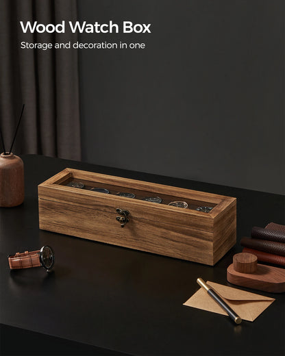 Watch Box, 6-Slot Watch Case, Solid Wood Watch Box Organizer with Glass Lid, Watch Display Case with Removable Pillows