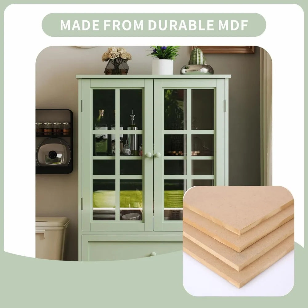 Buffet Cabinet with Glass Doors and Drawer, Modern Wood Storage Sideboard for Dining Room & Living Room, 28 Inch Accent Cabinet