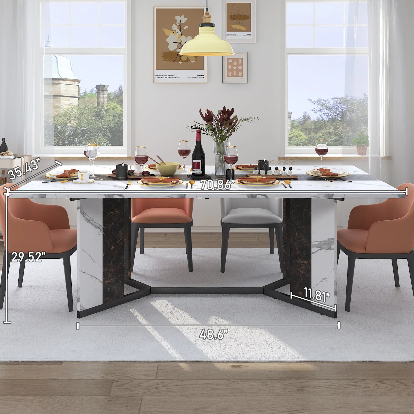 71In Large Rectangular White Dining Table for 4 5 6 8 10 People, w/Marble Color, Wood Tabletop, Metal Leg