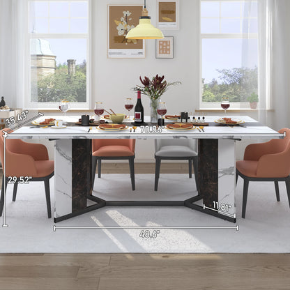 71In Large Rectangular White Dining Table for 4 5 6 8 10 People, w/Marble Color, Wood Tabletop, Metal Leg