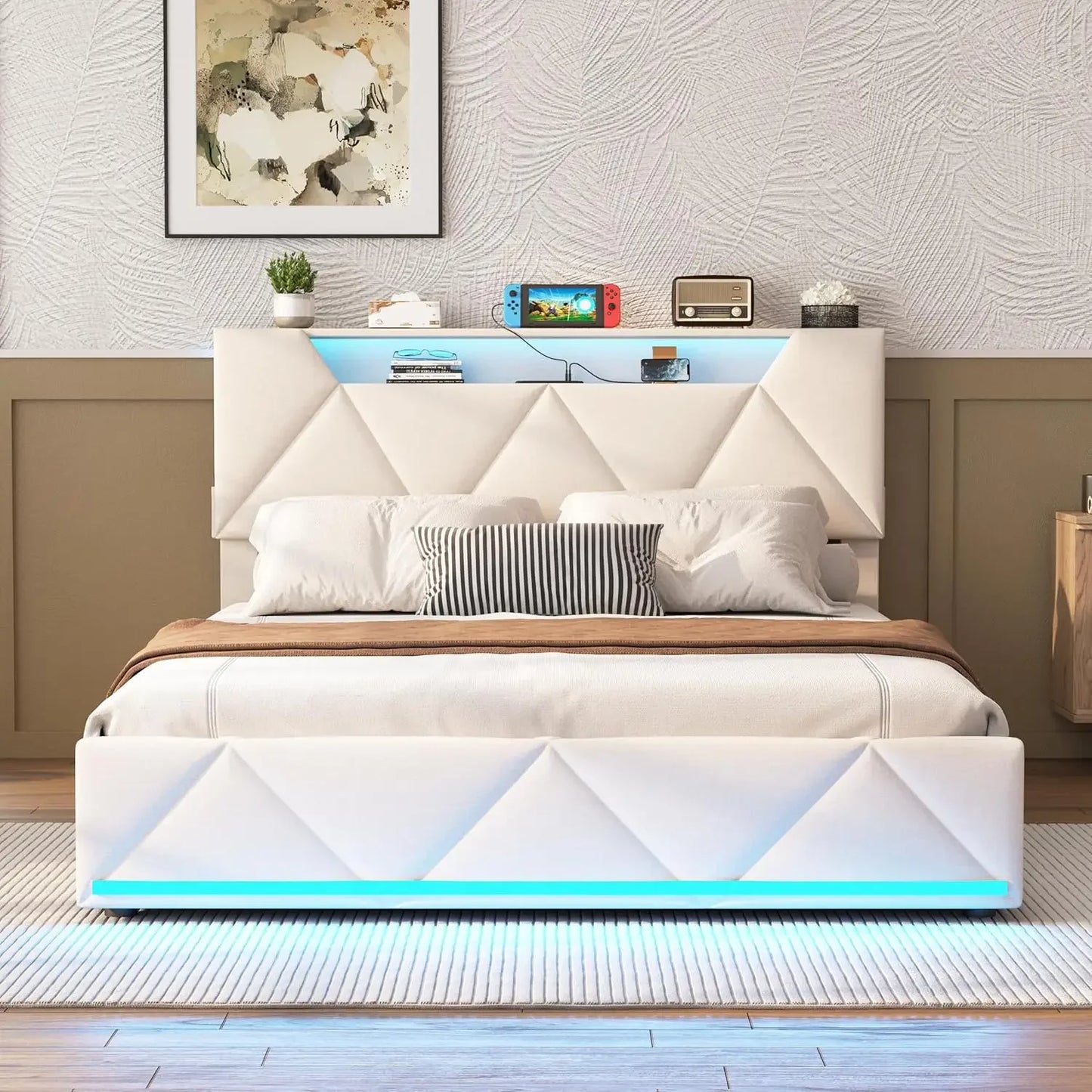 Bed Frame Queen with Storage Headboard&4 Drawers Upholstered Platform Bed Frame with Charging Station &LED Lights