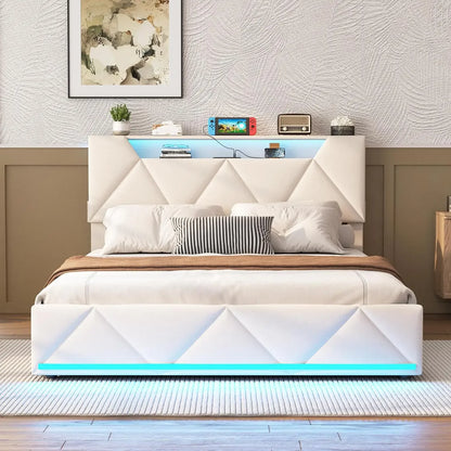 Bed Frame Queen with Storage Headboard&4 Drawers Upholstered Platform Bed Frame with Charging Station &LED Lights