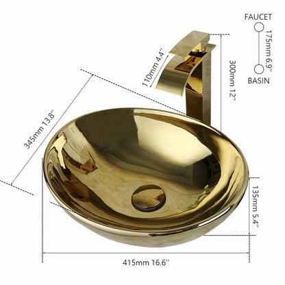 Gold Ceramic Luxury Bathroom Vessel Sink Set  Bowl Washbasin Waterfall Brass Faucet Pop Up Drain Combo High-End Basin Kit