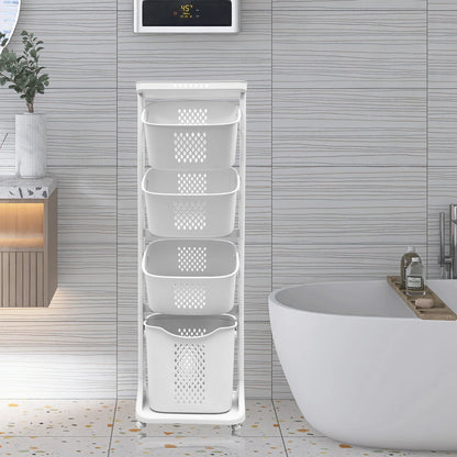 2/4 Tier Laundry Basket Cart Removable Storage Buckets Plastic Hamper with 4 Wheels White