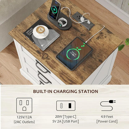 Farmhouse Nightstand with Charging Station, 3 Drawers Bedside Table