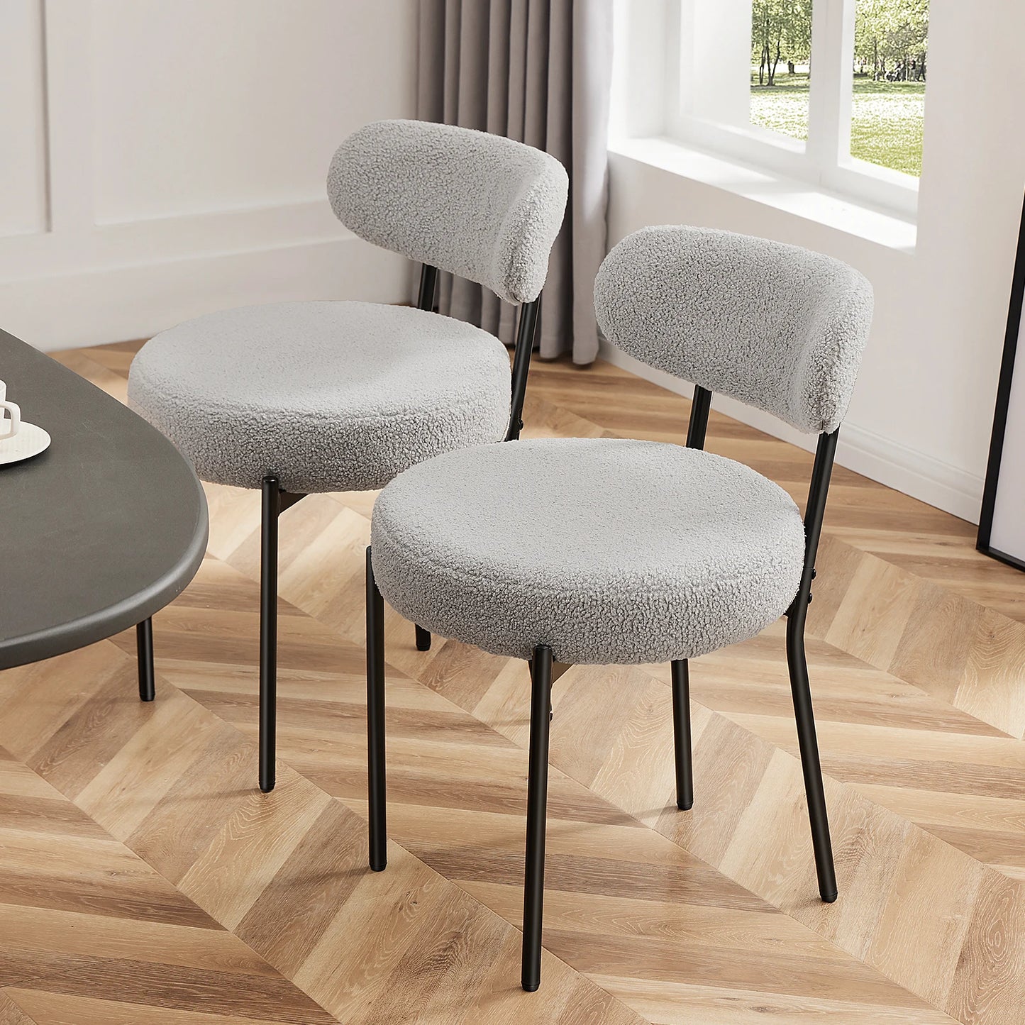 Ergonomic Round Dining Chairs Set of 2 Plush Fabric Kitchen Chairs with Curved Backrest Metal Legs