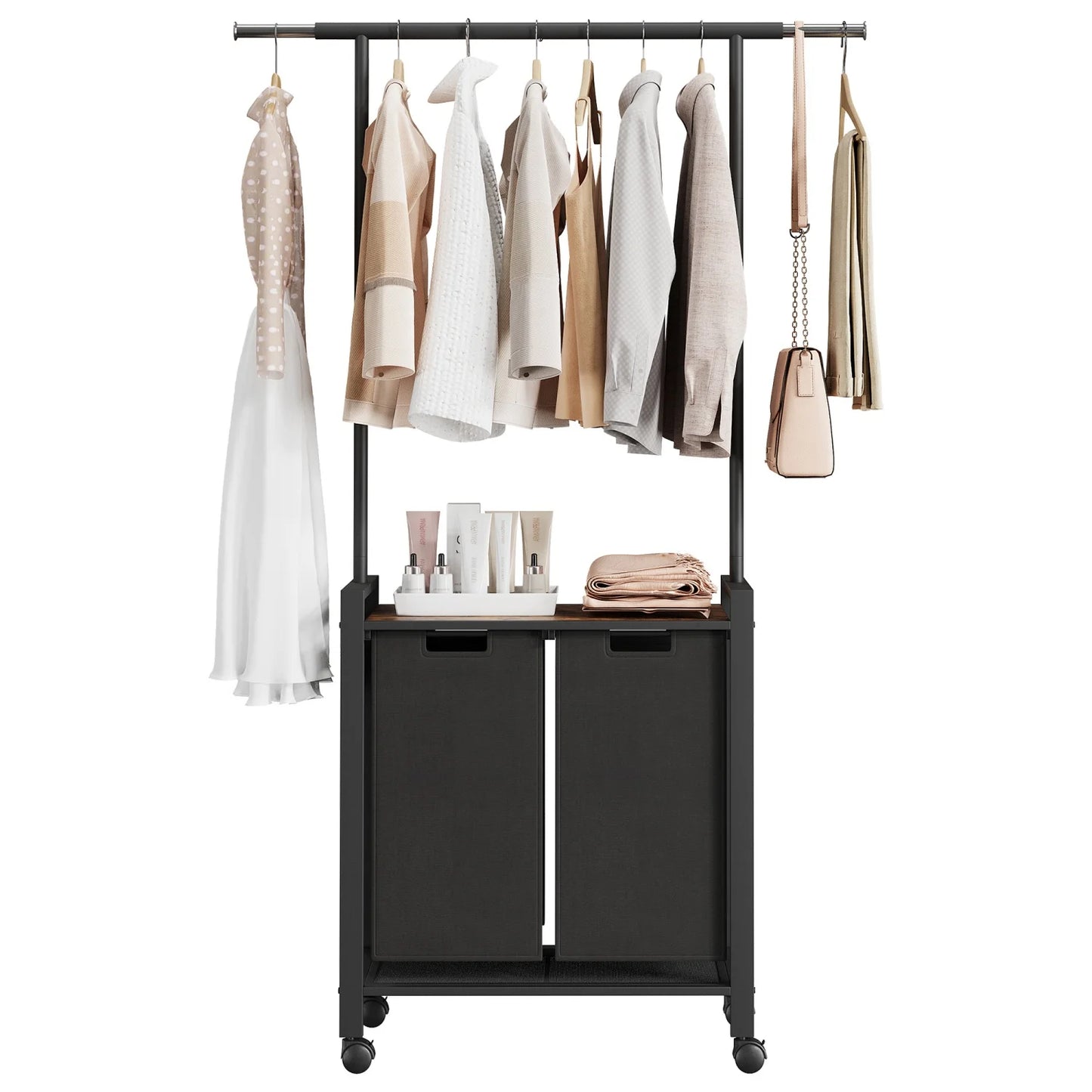 Laundry Sorter With Extendable Hanging Bar Laundry Basket With Wheels And Shelf, Laundry Room Organization And Storage