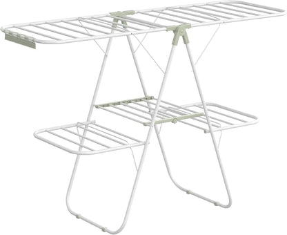 Clothes Drying Rack Foldable 2-Level Laundry Drying Rack Free-Standing Large Drying Rack with Height-Adjustable Wings