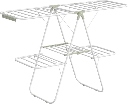 Clothes Drying Rack Foldable 2-Level Laundry Drying Rack Free-Standing Large Drying Rack with Height-Adjustable Wings