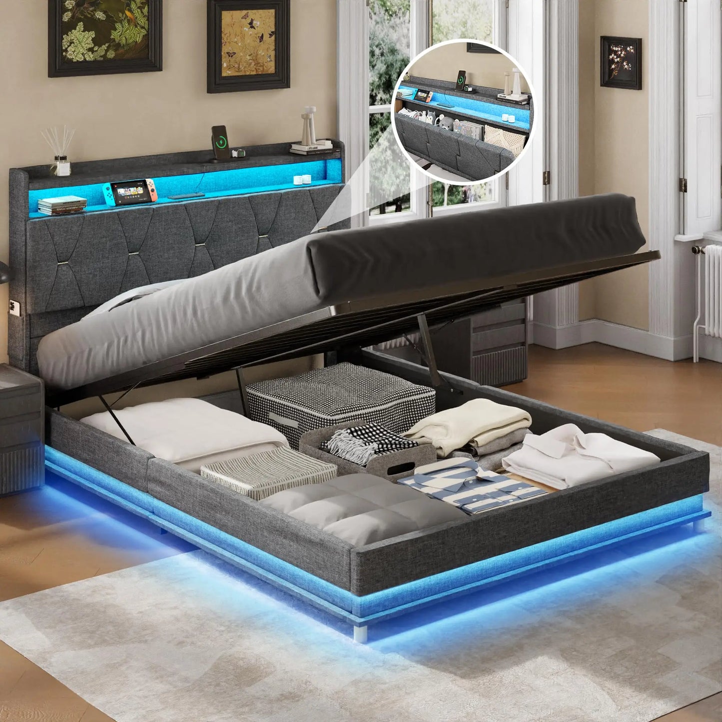 Lift Up Bed Frame with Storage Headboard &Power Outlet, LED Lights Upholstered Platform Bed Frame for Bedroom Noise-Free