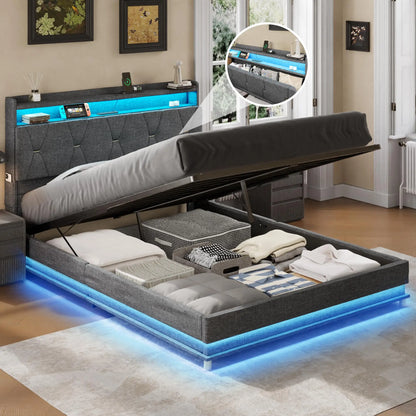 Lift Up Bed Frame with Storage Headboard &Power Outlet, LED Lights Upholstered Platform Bed Frame for Bedroom Noise-Free