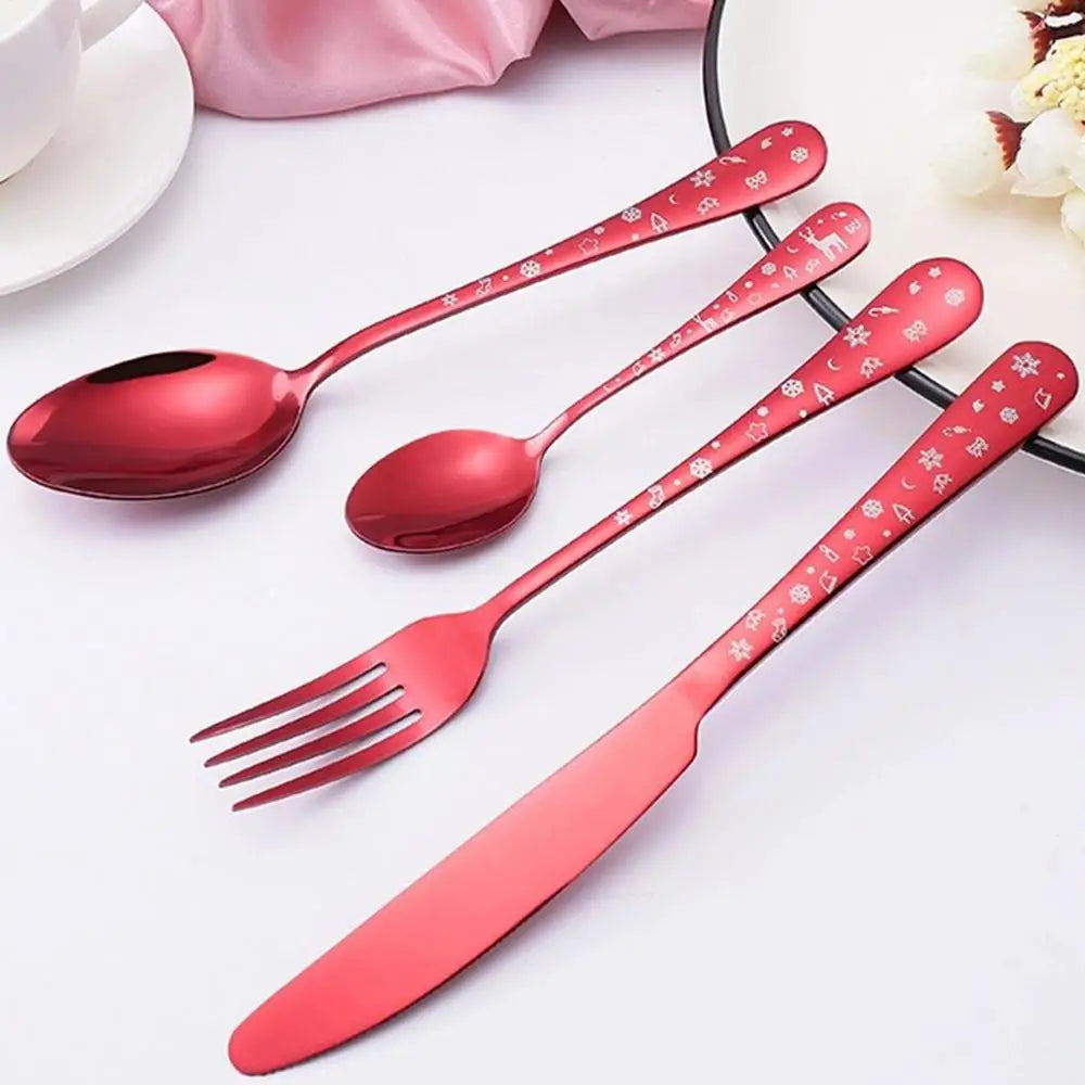 4pcs/set High Quality Christmas Flatware Set Stainless Steel Red Green Dinnerware Knife Fork Spoon Cutlery Dishwasher Safe