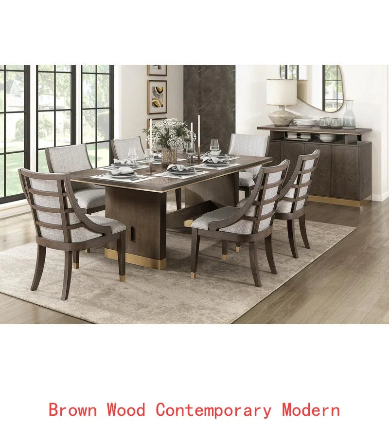 Modern Brown Finish 9-Piece Dining Set with Extension Table and 8 Armchairs, Upholstered Kitchen Furniture with Gold Tipping.
