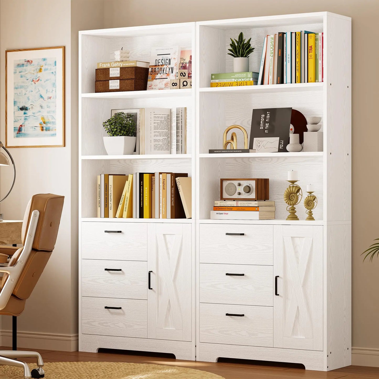 Bookshelf with Door and 3 Drawers, Tall Bookcase Shelf with 3-Tier Shelves