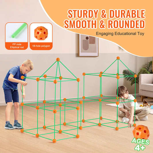 Fort Building Kit Children's DIY Indoor Castle Beading Stem with 96 Rods and 44 Balls Play Tent Toy for 4+ Kids Gifts