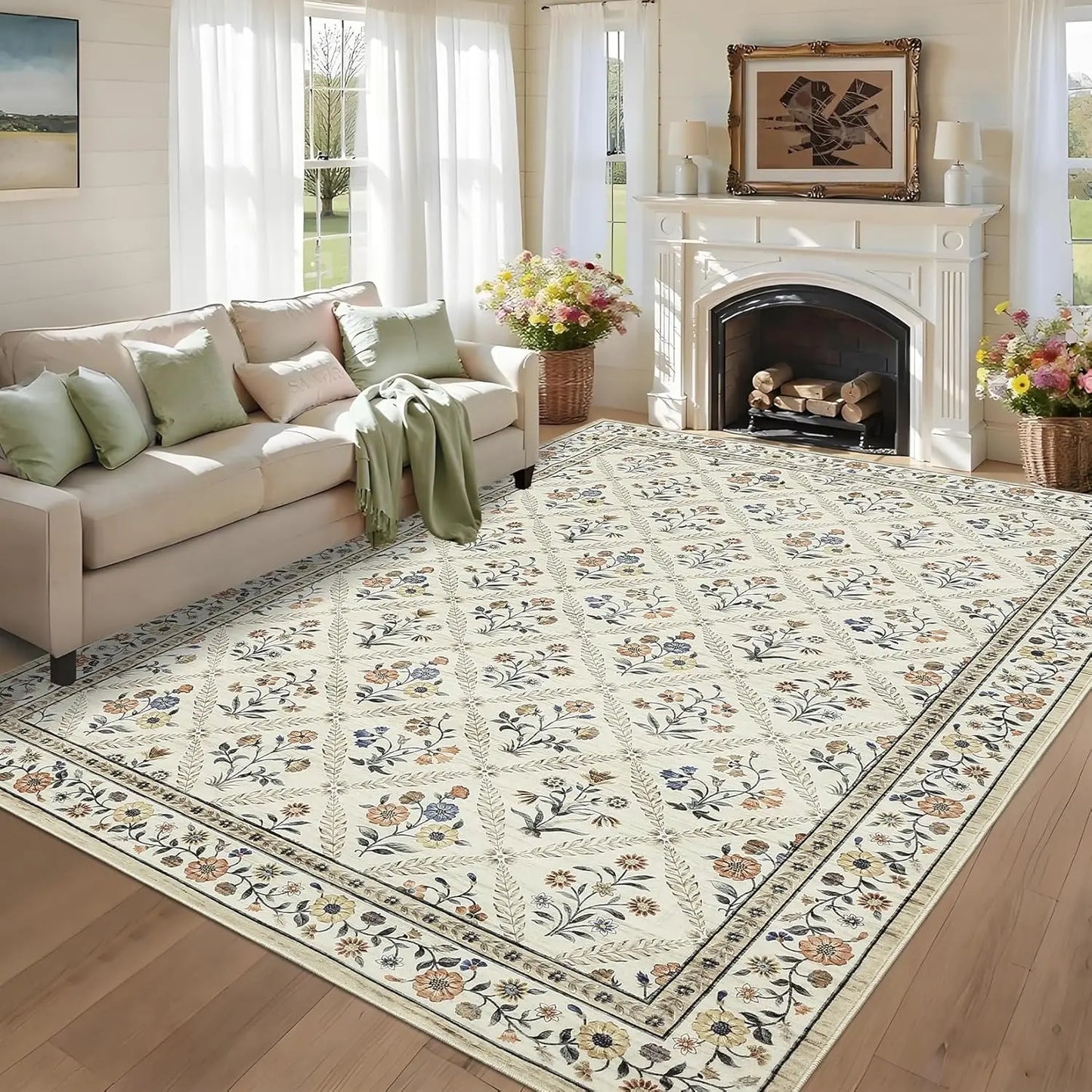 Vintage Washable Area Rugs for Living Room Soft Low-Pile Non-Slip Carpet  for Bedroom Dining Room Home Office
