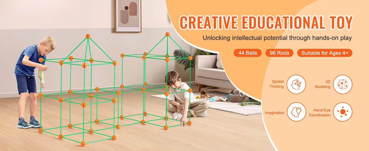 Fort Building Kit Children's DIY Indoor Castle Beading Stem with 96 Rods and 44 Balls Play Tent Toy for 4+ Kids Gifts