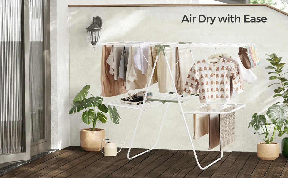 Clothes Drying Rack Foldable 2-Level Laundry Drying Rack Free-Standing Large Drying Rack with Height-Adjustable Wings