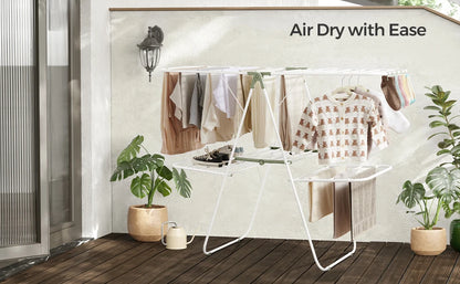 Clothes Drying Rack Foldable 2-Level Laundry Drying Rack Free-Standing Large Drying Rack with Height-Adjustable Wings