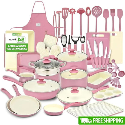 54 Piece Complete Kitchen Cookware Set Non Stick Ceramic Pots Pans Utensils Bakeware Knife Cutting Boards All Cooktops