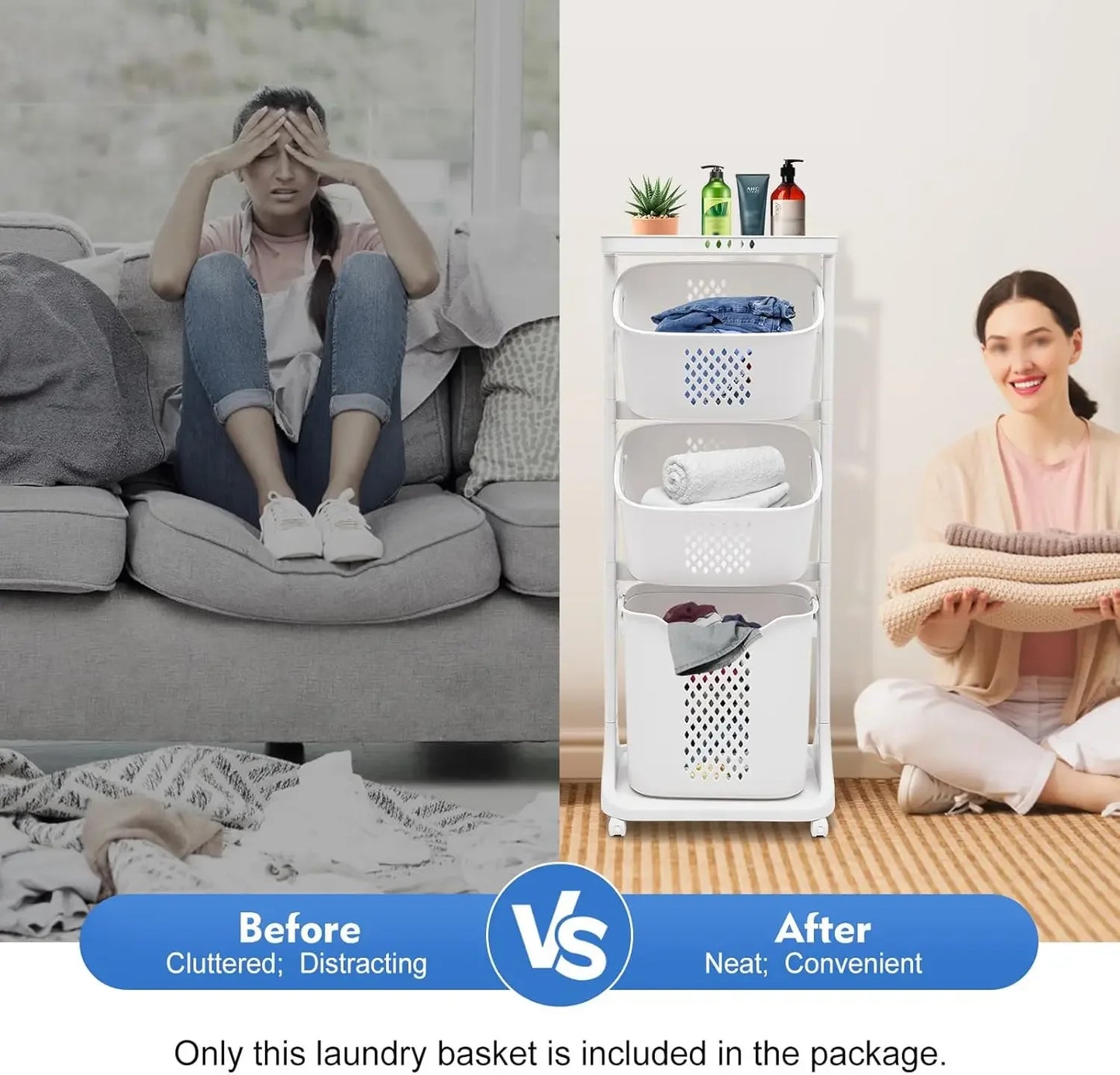 3-Tier Storage Basket Laundry Basket Rolling Cart Washing Hamper Storage Bin Shelf Multifunctional rotating laundry basket