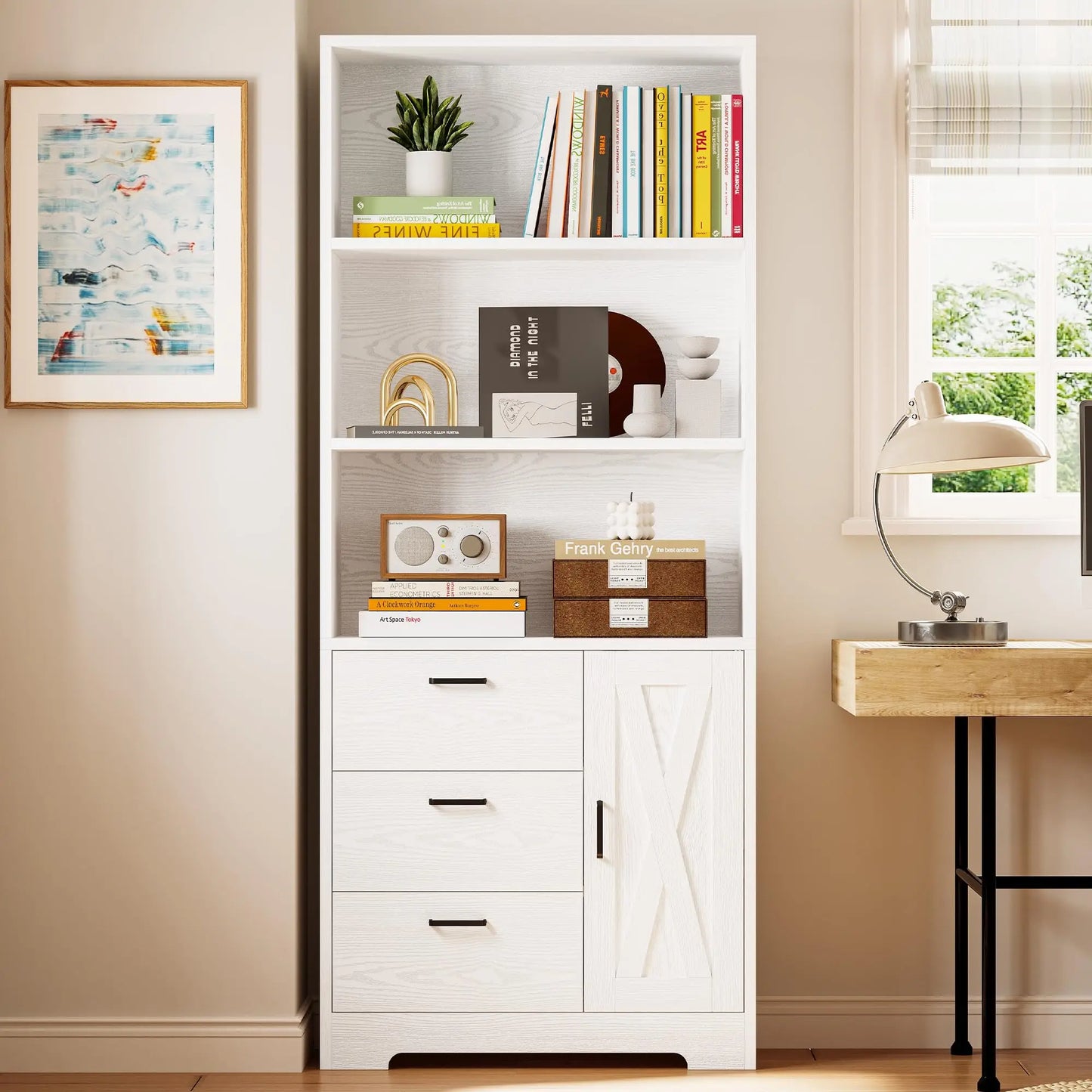 Bookshelf with Door and 3 Drawers, Tall Bookcase Shelf with 3-Tier Shelves