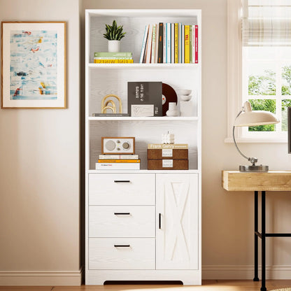 Bookshelf with Door and 3 Drawers, Tall Bookcase Shelf with 3-Tier Shelves