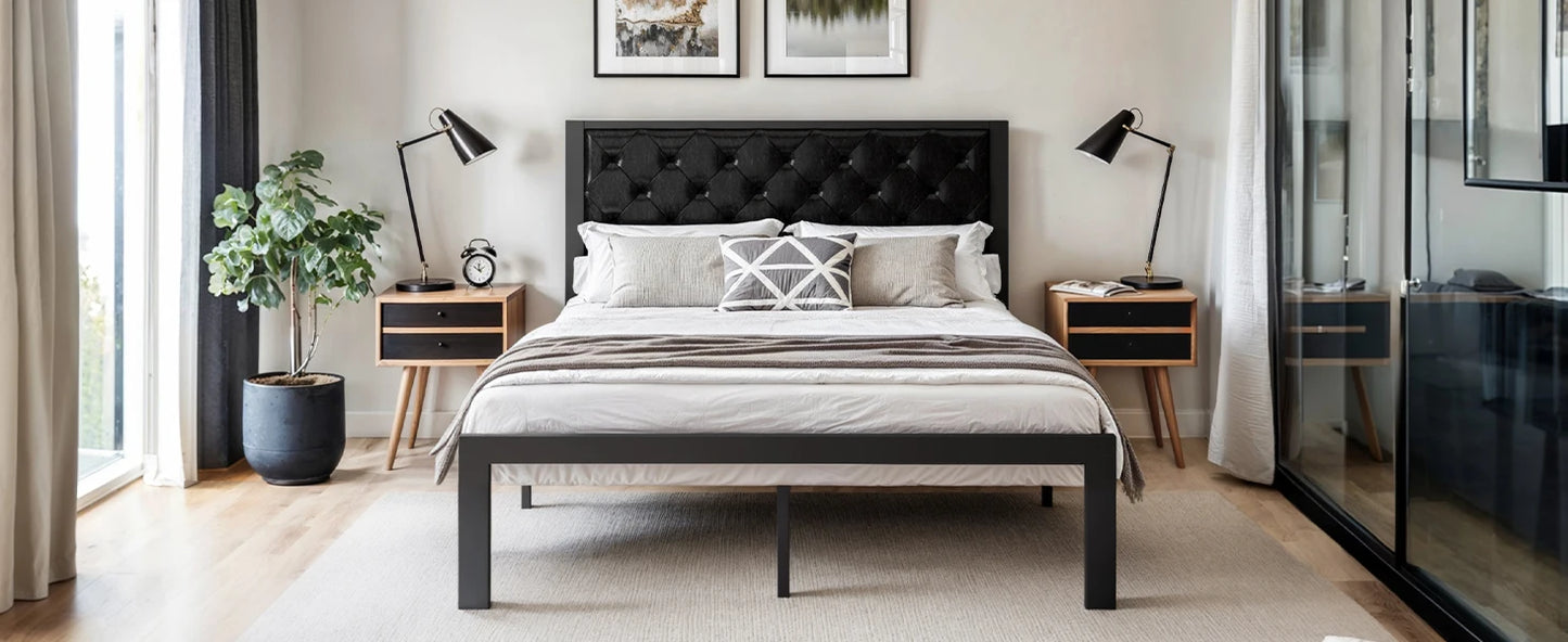 Metal Bed Frame with Upholstered Finely Stitched Headboard, Linen Fabric, Sturdy Foundation, No Box Spring Needed