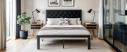 Metal Bed Frame with Upholstered Finely Stitched Headboard, Linen Fabric, Sturdy Foundation, No Box Spring Needed