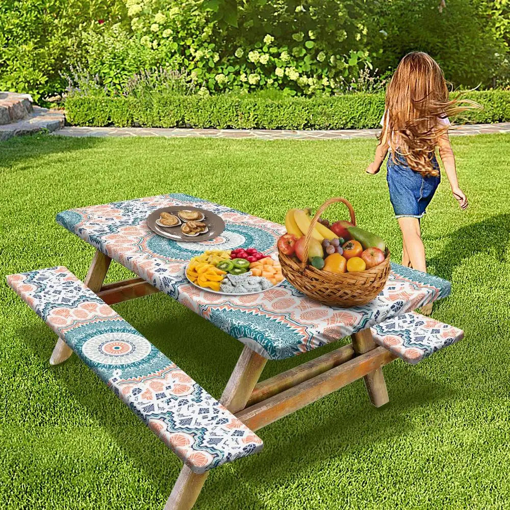 3pcs Picnic Table Covers With Elastic Tablecloth For Outdoor Parties And Camping