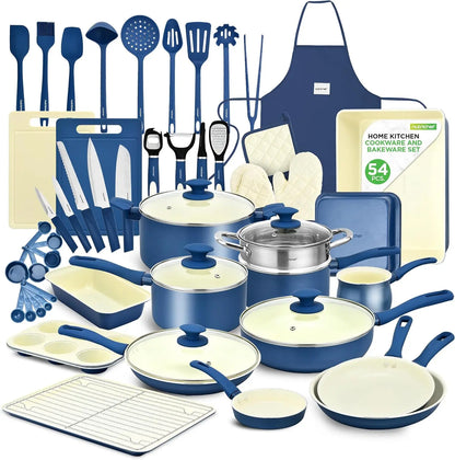 54 Piece Professional Grade Complete Home Kitchen Cookware Set, Ceramic Non-Stick Bakeware, Pots and Pans Kit,