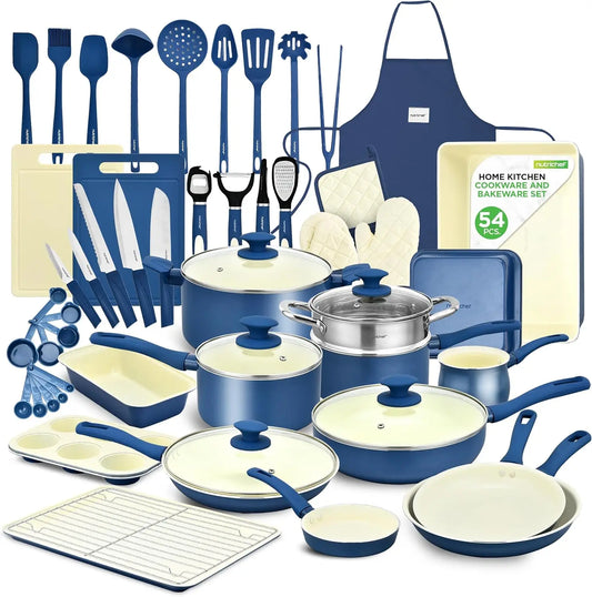 54 Piece Professional Grade Complete Home Kitchen Cookware Set, Ceramic Non-Stick Bakeware, Pots and Pans Kit,