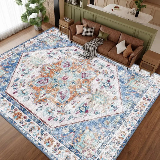Washable Area Rug 8x10 - Stain Resistant Vintage Design for Living Room, Non-Slip Foldable Carpet for Bedroom