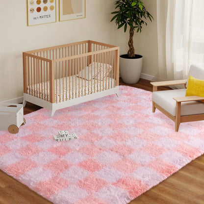 Fluffy Long Shag Plaid Area Rug for Bedroom, Living Room Washable , Super Soft Indoor Plush Rug.