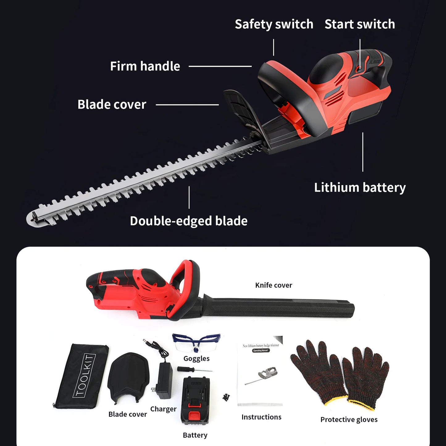 Cordless Hedge Trimmer 22-Inch Electric with 3.0Ah Battery Charger Bush Trimmers