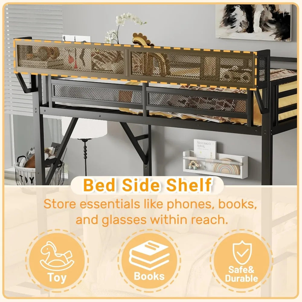 Full Size Loft Bed with Stairs and Storage, Metal Loft Bed Frame with Bedside Shelf and Large Under-Bed Space