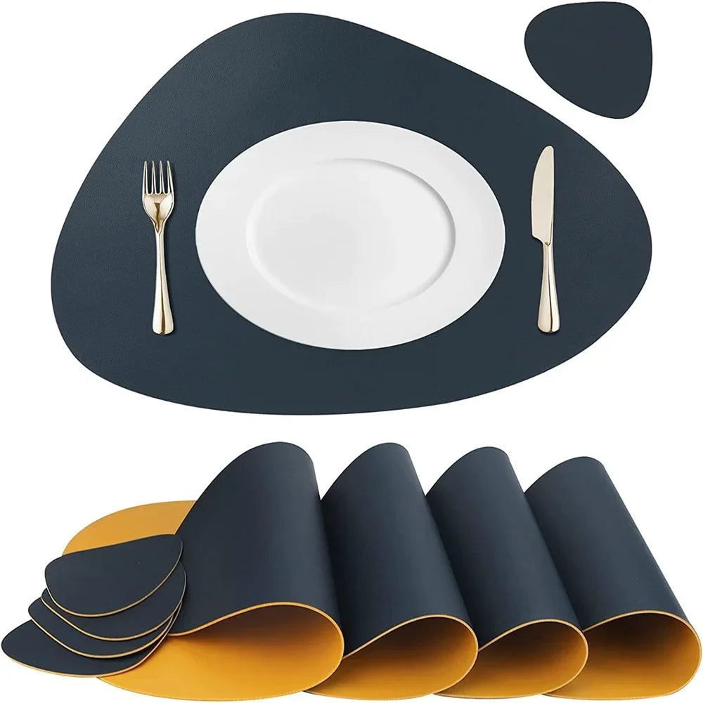 Irregular Shape PU Leather Placemats Set Oil-Proof Waterproof Dual-Sided Place Mats for Kitchen Bistro Tables Bars Coffee Shops