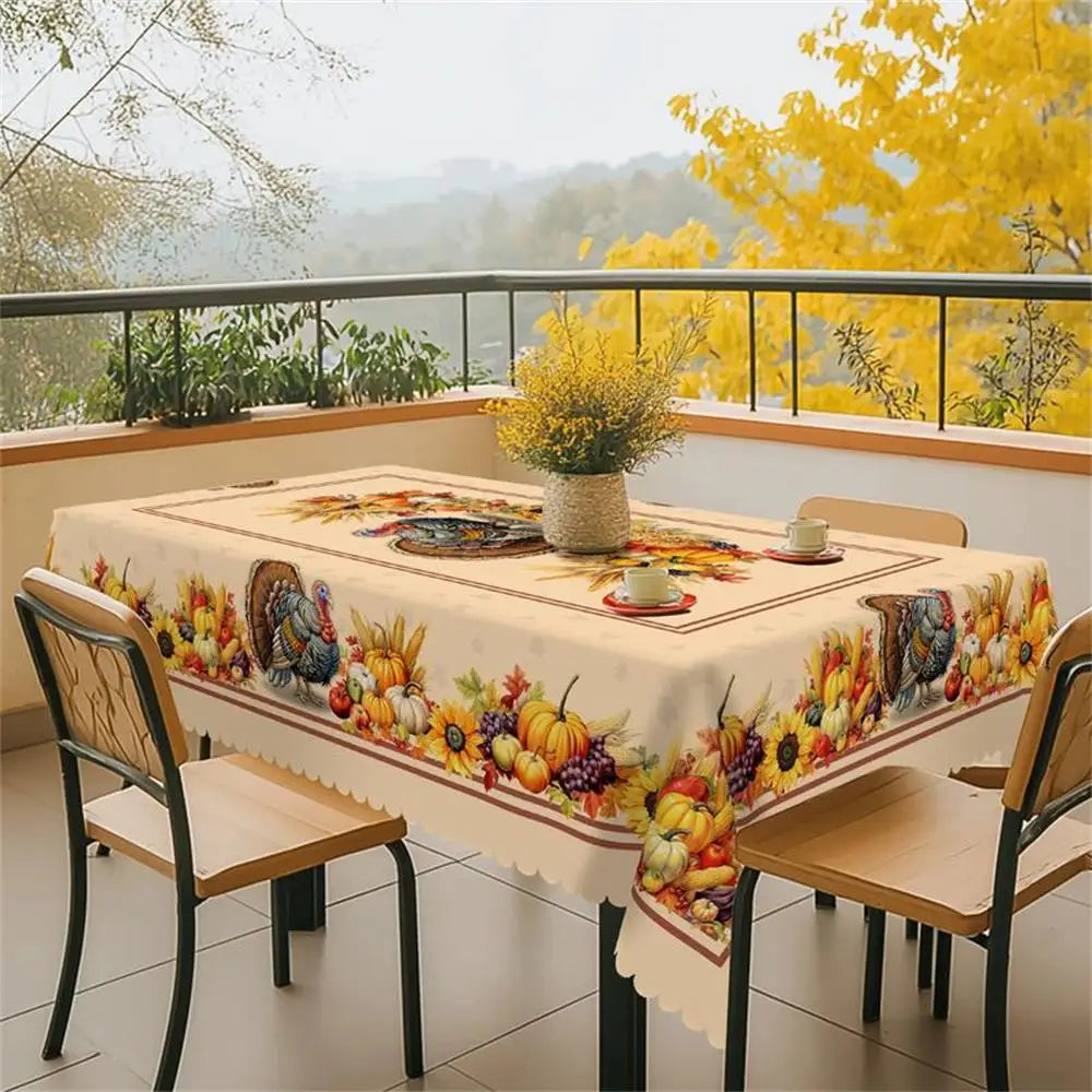 Fall Thanksgiving tablecloth with turkey, pumpkin and sunflower pattern, rectangular and round autumn harvest tablecloths