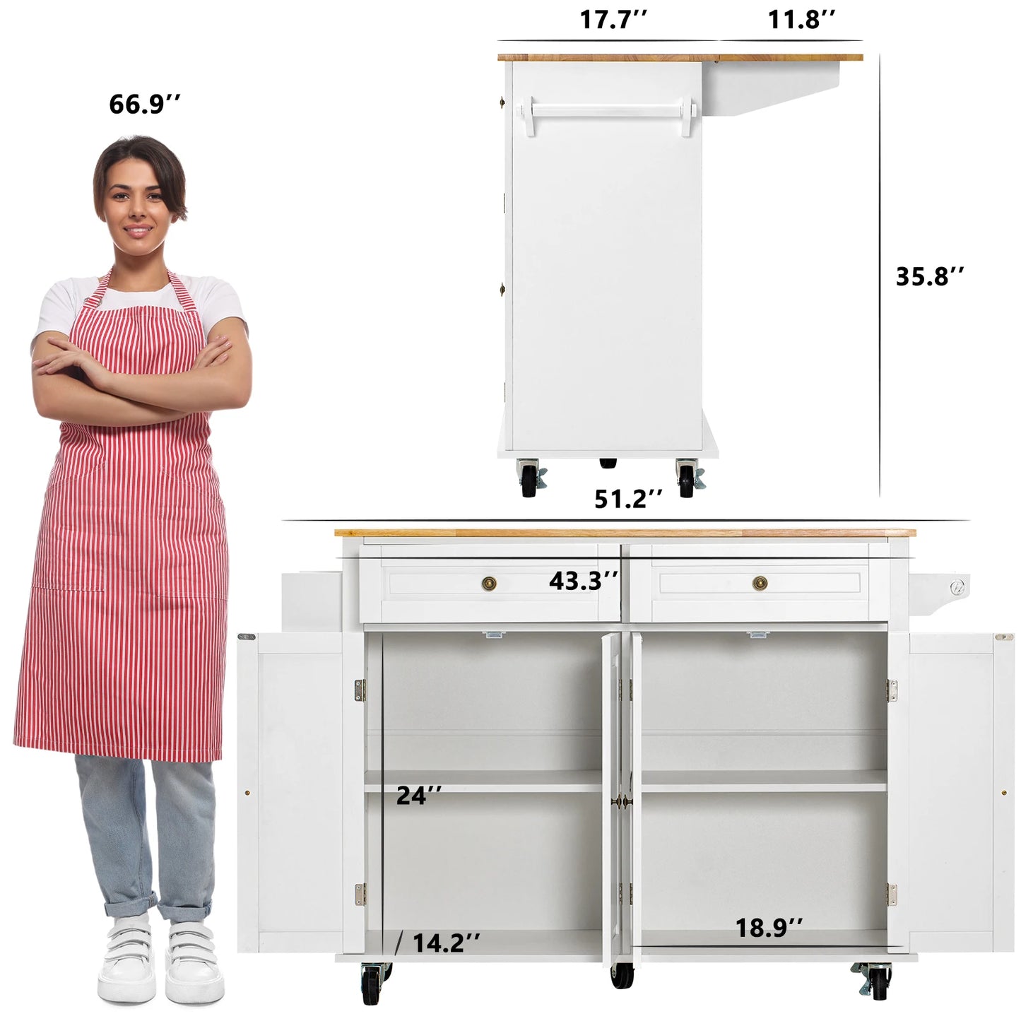Rolling Kitchen Island with Drop Leaf – Movable Kitchen Carts on Wheels Island with Storage Cabinet