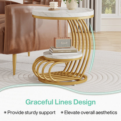 Gold Round End Table: 2 Tiers Faux Marble Side Table with Storage Shelf, Modern White Gold Bedside Nightstand